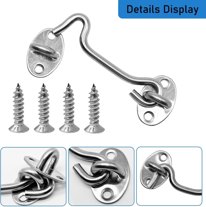 CUKAYO 4 Pack 4" Hook and Eye Gate Latch, Stainless Steel Rust-Resistant Barn Door Lock Cabin Hooks for Gate Shutters Window Slide Barn Shed Cabinet Bathroom, with 16pcs Screw,Silver - Image 3